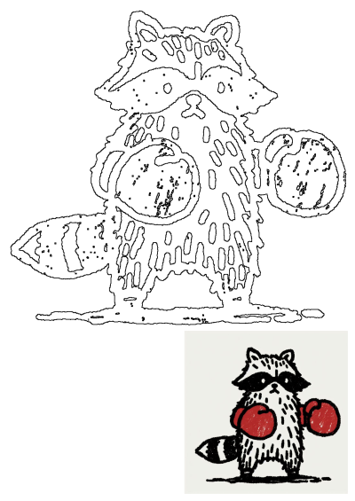 An outline drawing of a cartoon raccoon with red boxing gloves, perfect for coloring or as a fun illustration.