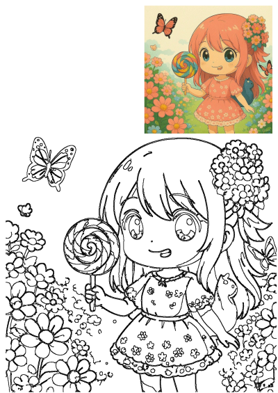 Kawaii chibi anime girl with pink hair, holding a lollipop, smiling amidst blooming flowers and playful butterflies.