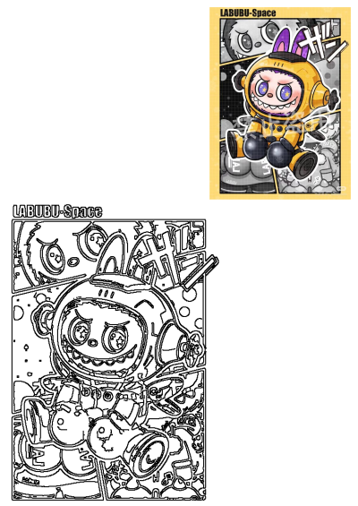 Labubu Space cartoon character in a yellow space suit with purple bunny ears, starry purple eyes, black gloves, and a wide grin.