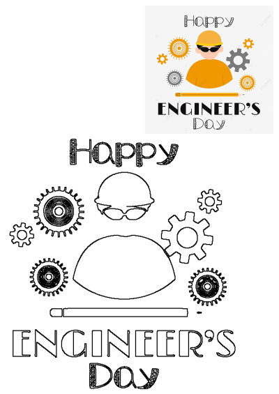 Happy Engineers Day card featuring an engineer, hard hat, sunglasses, gears, and a pencil. Displays both colored and outline versions.