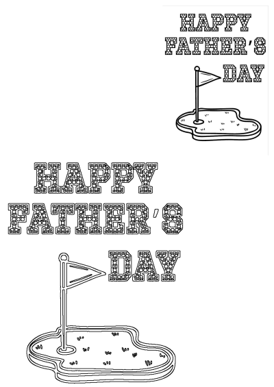 Outline drawing featuring 'Happy Father's Day' text with a golf green and flag, perfect for celebrating dad with a fun activity.