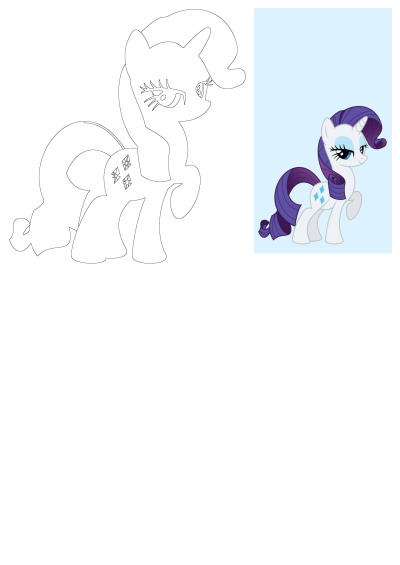 Rarity My Little Pony unicorn character, shown as a clean black and white outline and a vibrant full-color illustration.