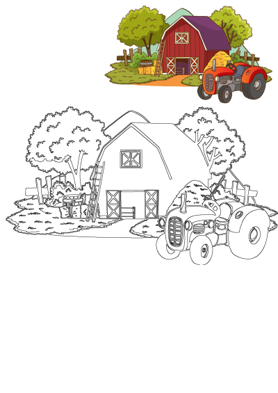 A colorful cartoon farm scene with a red barn, hay-filled tractor, and countryside elements, plus a black outline version for coloring.