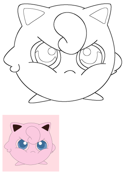 Angry Jigglypuff fanart from Pokemon, a popular character, depicted with a grumpy expression, puffed cheeks, and blue eyes.