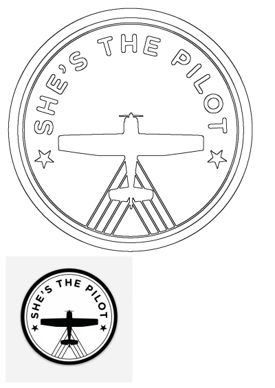 Black and white Shes The Pilot circular logo featuring an airplane silhouette, "SHE'S THE PILOT" text, and two stars.