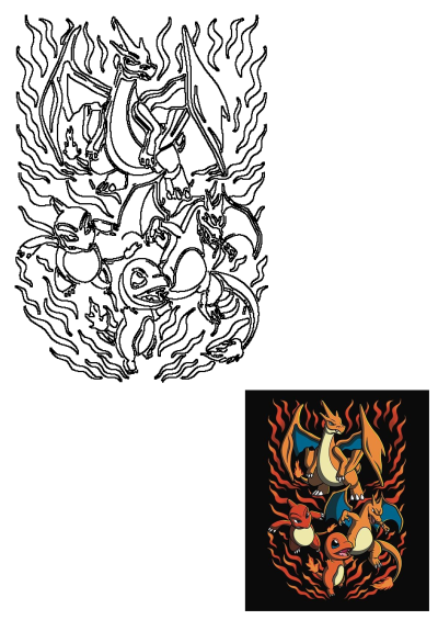 Pokemon fan art depicting the fiery evolution of Charmander, Charmeleon, and Charizard surrounded by dynamic flames.