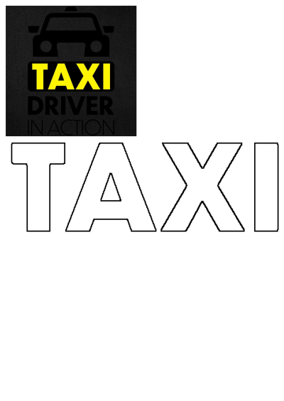 Taxi Driver In Action logo: black taxi icon, yellow 'TAXI', 'DRIVER IN ACTION' on dark background. Also a 'TAXI' word outline.