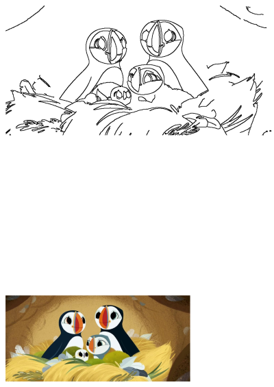 Adorable cartoon puffin family in a cozy nest, featuring two adult puffins and two fluffy chicks. Perfect for nature lovers.