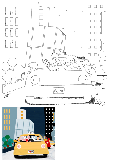 New York City taxi cabs and urban buildings illustrated. Features a line art outline and a colored night scene with yellow cabs and people.