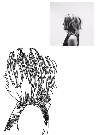 Dana Kalachnik's black and white profile portrait with wavy hair, looking left, presented with an artistic line art sketch.