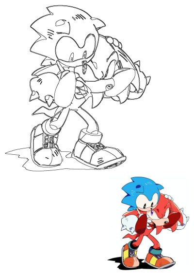 Sonic the Hedgehog affectionately hugs Knuckles the Echidna in this fanart, shown as both a black and white outline and a vibrant colored illustration.