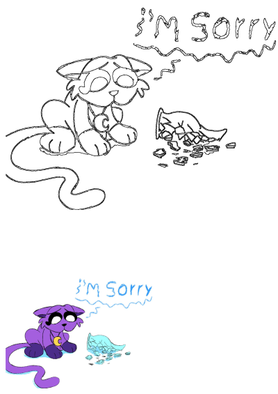 Poppy Playtime Catnap fan art. The purple Smiling Critter looks sad next to a broken pot, with 'I'm Sorry' written.