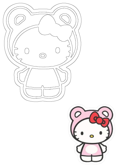 A delightful Hello Kitty sticker in a charming pink bear suit, adorned with her classic red bow, featuring her head and legs.