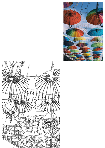 Colorful umbrellas hanging as a vibrant street art installation, strung with lights under a blue sky. A line art version is also included.