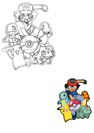 Pokemon characters Ash, Pikachu, Squirtle, Charmander, and Bulbasaur are featured with a Poké Ball, presented in vibrant color and also as a clean outline.