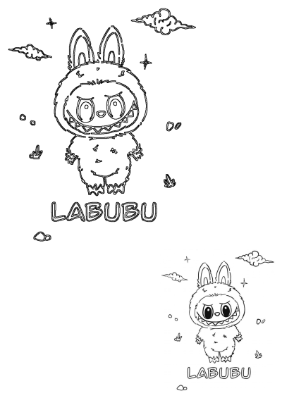 Detailed outline of the cute Labubu monster, featuring bunny ears, big eyes, and a toothy smile, ready for coloring.