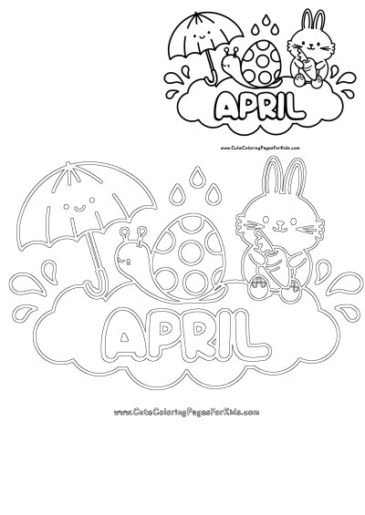 Cute April illustration with a happy bunny holding a carrot, a snail under an umbrella, and an Easter egg on a cloud.
