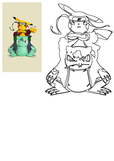 Colored and outline illustration of Pikachu dressed as Naruto atop Bulbasaur with a pipe, a fun anime character crossover.