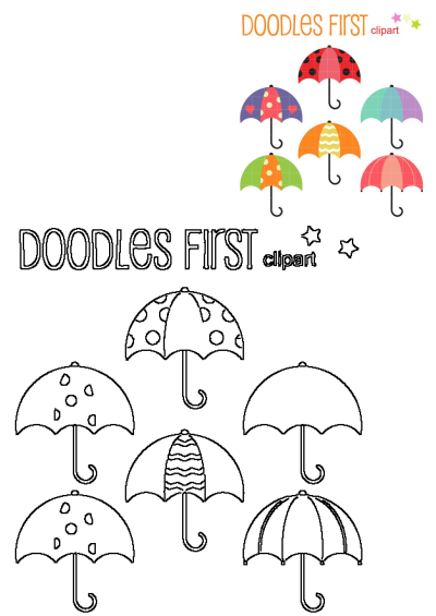 Colorful vector clipart umbrellas featuring heart, dot, and wavy patterns. Also includes outline versions for creative projects.