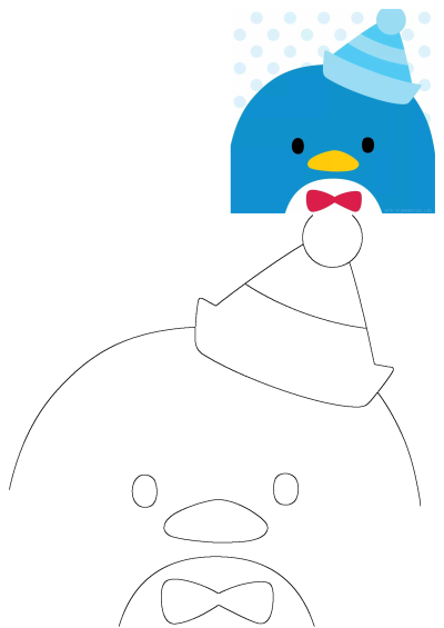 Cute blue penguin cartoon wearing a party hat and red bowtie, with a black and white outline for a fun coloring activity.