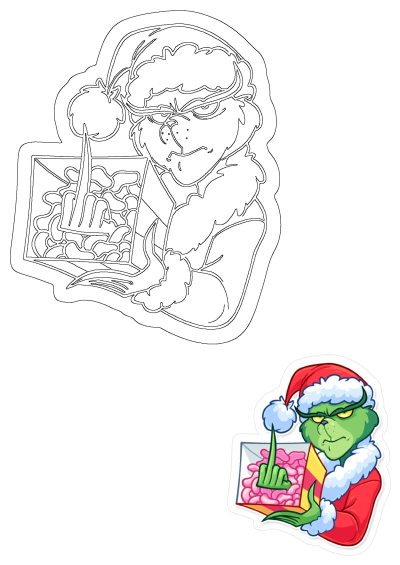 Funny Grinch sticker, dressed as Santa, holding a box of pink gummy candies and rudely pointing his middle finger.