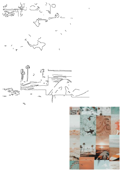 Aesthetic beach ocean summer travel collage featuring sunsets, palm trees, surfboards, sandy shores, and tranquil coastal scenes.