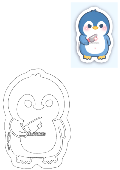 Cute blue and white penguin sticker with rosy cheeks holding a shiny, blood-stained knife. Adorable yet mischievous character design.