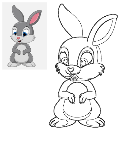 A cute cartoon rabbit with big blue eyes and pink ears, presented both in vibrant color and as a detailed black outline drawing.