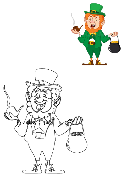 Joyful leprechaun with a pot of gold and a smoking pipe, presented in vibrant color and as a clean black and white outline.