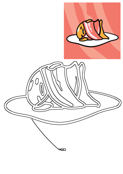 Gudetama, the lazy egg, snoozes under bacon on a fried egg. This fun illustration also includes a clear black outline for creative activities.