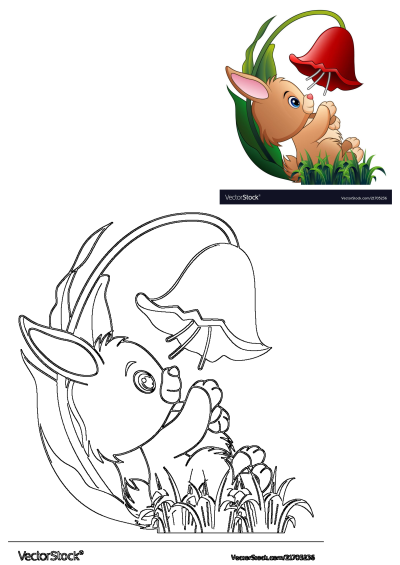 Cute cartoon bunny sitting in green grass, looking up at a vibrant red bell flower. Includes an outline version for drawing.