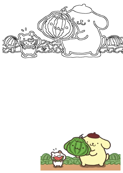 Pompompurin, the Sanrio dog character, holds a watermelon while a small friend eats a slice in a vibrant field of melons.