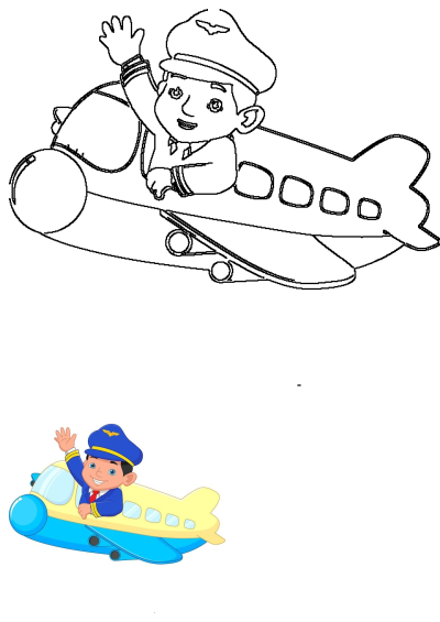 Cartoon pilot flying a plane and waving, depicted as a black and white outline and a vibrant colored illustration.