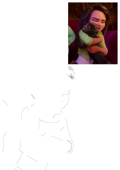 Animated scene of a girl with brown hair, Sam Greenfield from the movie Luck, tenderly hugging a black cat with closed eyes.