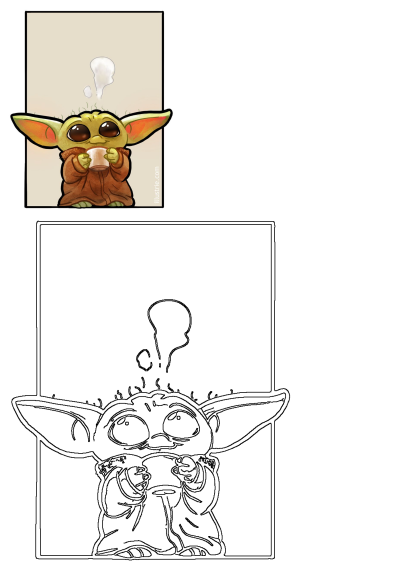Baby Yoda (Grogu) holding a coffee cup with an empty thought bubble, available as a vibrant illustration and a coloring page outline.
