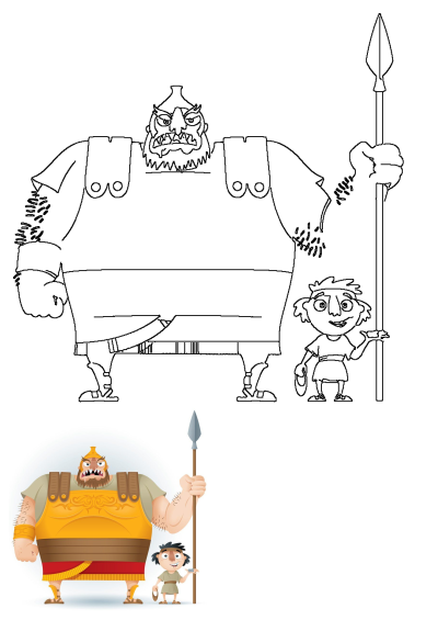 Colorful cartoon of David and Goliath; a large Goliath with a spear and a small David with a sling. Includes a line art version.