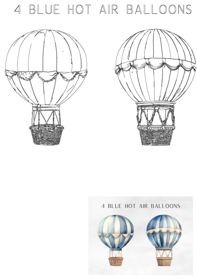 Two charming watercolor blue and white striped hot air balloons with wicker baskets, perfect for travel or celebration themes.