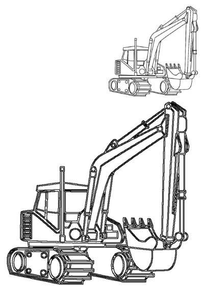 Detailed line art drawings of two construction excavators, one large and one small, showcasing heavy equipment outlines.