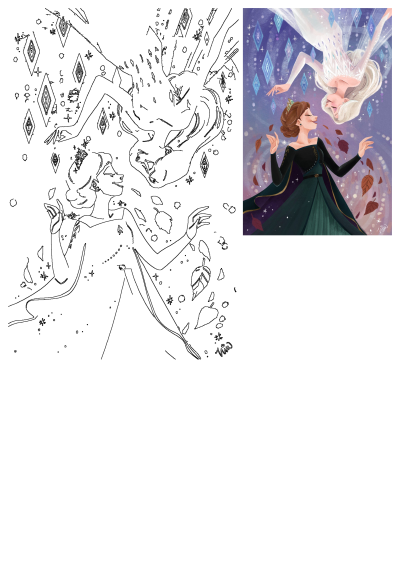 Anna and Elsa from Frozen, surrounded by shimmering ice diamonds and autumn leaves, connect through their unique magic in this stunning illustration.