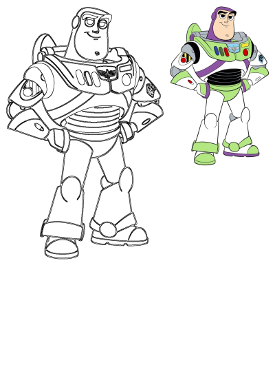 Buzz Lightyear, the iconic Toy Story character, standing confidently, shown as both a clear outline and a vibrant colored illustration.