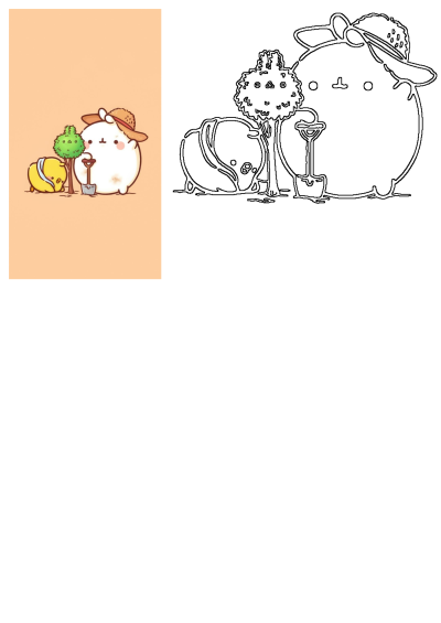 Cute Molang and Piu Piu cartoon characters engaged in tree planting and gardening, complete with a shovel and straw hat.