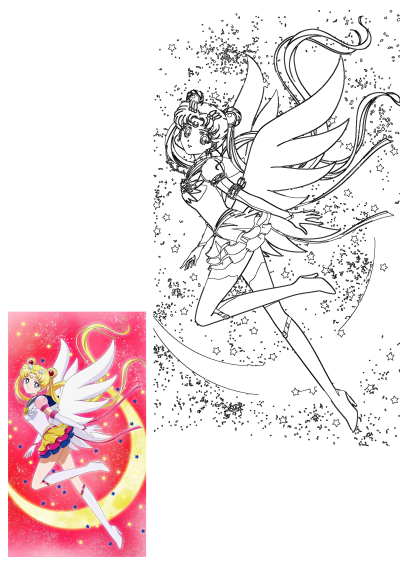 An outline drawing of Eternal Sailor Moon, the iconic anime character, featuring her majestic wings, moon, and shimmering stars.