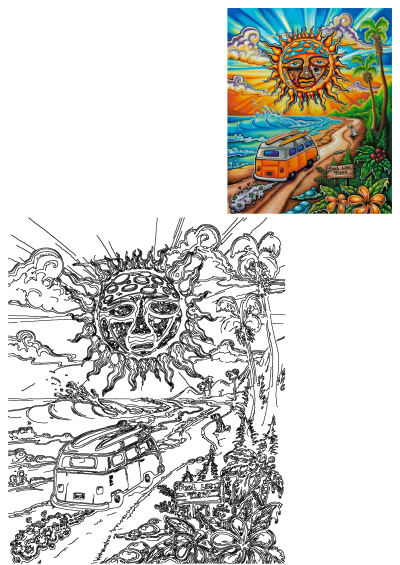 Psychedelic Beach Art Sun Van Surfboards Feel Like That depicts a vibrant scene with a mystical sun, VW bus, and tropical beach.