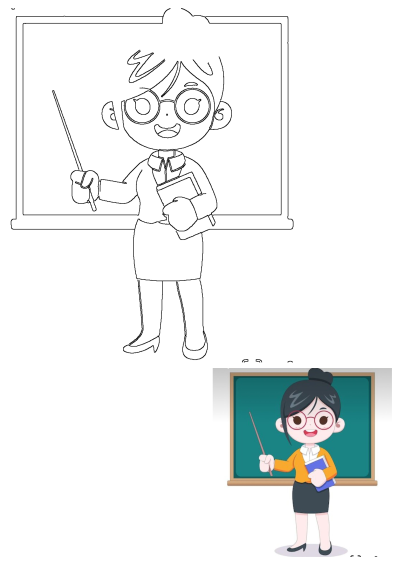 A friendly cartoon teacher stands smiling with a pointer and book in front of a blackboard.