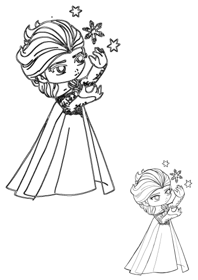 An adorable outline drawing of Frozen Princess Elsa in a chibi style, creating snowflakes, perfect for kids to color.