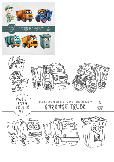 Cute cartoon garbage trucks clipart set for commercial use, featuring a garbage collector boy, various truck designs, and a recycling bin.