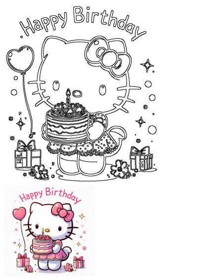 A delightful Hello Kitty celebrating her birthday with a strawberry cake, heart balloons, and festive gifts, wishing "Happy Birthday!"