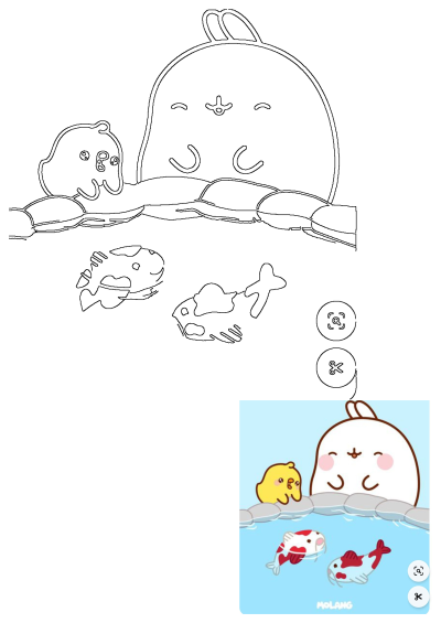 Cute Molang the bunny and Piu Piu the duck peek out of the water while two red and white koi fish swim playfully below.