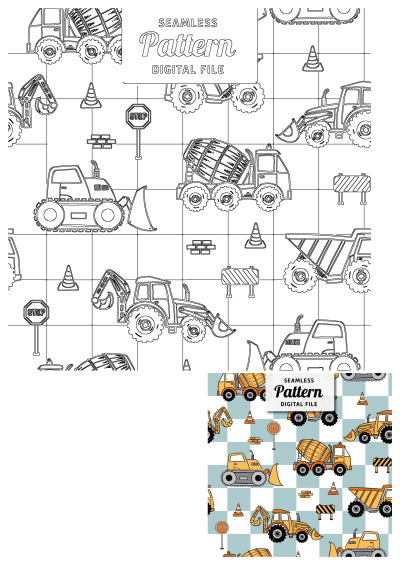 Black and white outline seamless pattern of construction vehicles (trucks, excavators) and road signs for children's wallpaper.