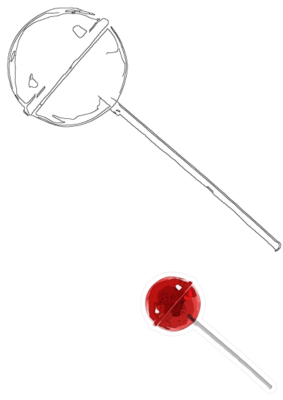 A vibrant red lollipop sticker cutout with a white border is shown next to a detailed black outline drawing of a large round lollipop.